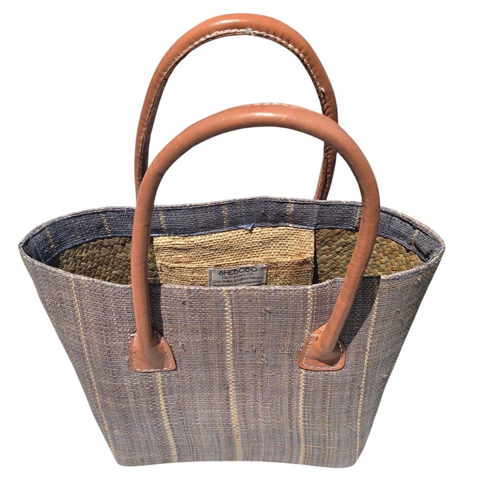 Shebobo San Francisco Raffia neutral tone Tote Bag Leather handmade Madagascar M - Picture 4 of 8